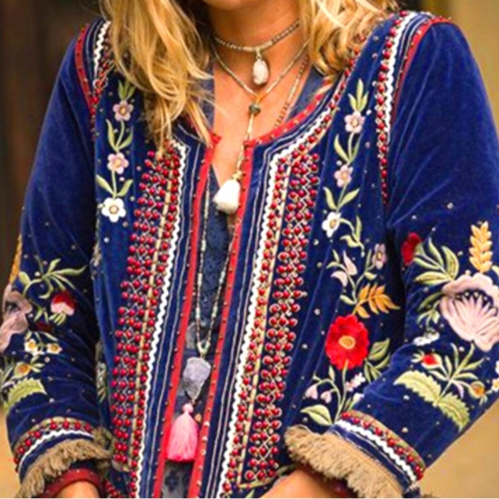 Ruby Yaya Blue Velvet Embroidered Jacket M